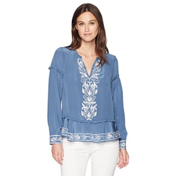 Parker Top Women's Extra Small Embroidered Silk Blouse Long Ruffle Sleeve Blue - Picture 1 of 13